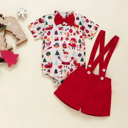 Christmas Suit Infant Bow Short Sleeve Polo Romper + Brace Set Newborn Baby Girl Boy Clothes