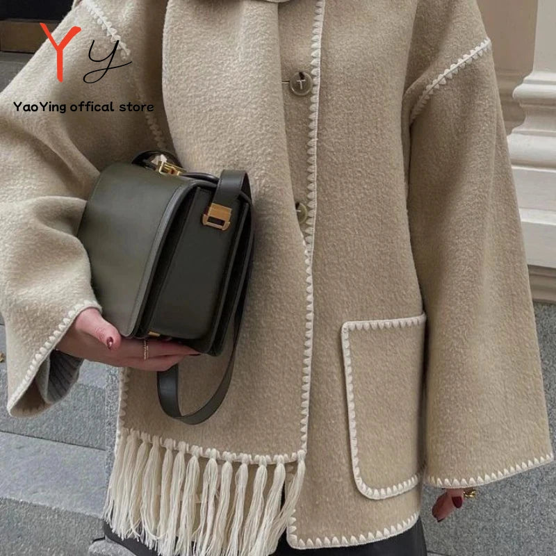 2024 Autumn Winter Women's Double Pocket Fashionable Collar Single Breasted Wool Coat Thick Loose Casual Straw Scarf Tassel Top