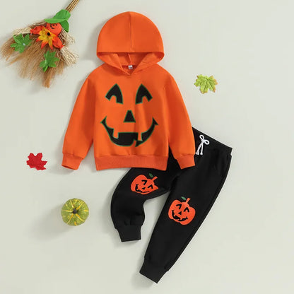 3-7 Years Kids Halloween Outfit Pumpkin/Skeleton Print Long Sleeve Hooded Sweatshirt Long Pants 2Pcs Autumn Winter Set