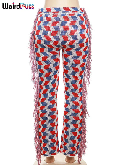 Weird Puss Knit Colorful Plaid Pants Women Fall Trend Skinny Stretch Side Furry Casual Trousers Wild Hipster Streetwear Bottoms