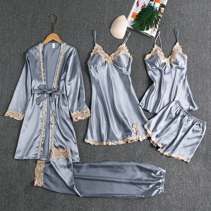 Female 5PCS Pajamas Set Spring Summer Silk Satin Sleepwear Pyjama Pour Femme Sleepwear Sexy Loose Lace Lounge Wear Pijamas Suit