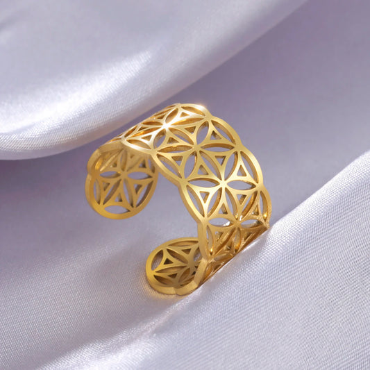 Skyrim Flower of Life Ring Women Stainless Steel Gold Color Sacred Geometry Open Adjustable Aesthetic Rings 2024 Jewelry Gift