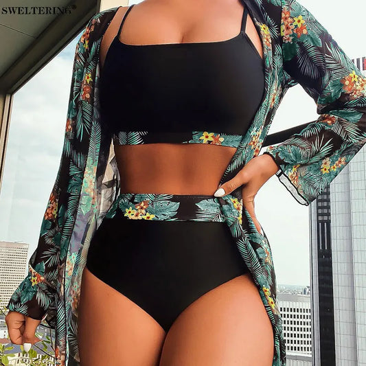 SWELTERING New Sexy High Waist Bikini 3 Piece Set Maple Leaf Printed Swimsuit Women's Bikini Set Split Swimwear Long sleeved Top