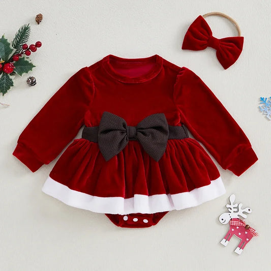 Baby Girls Christmas Jumpsuit Newborn 3D Bow Long Sleeve Velvet Bodysuits Girls Romper Headband Outfits Clothes