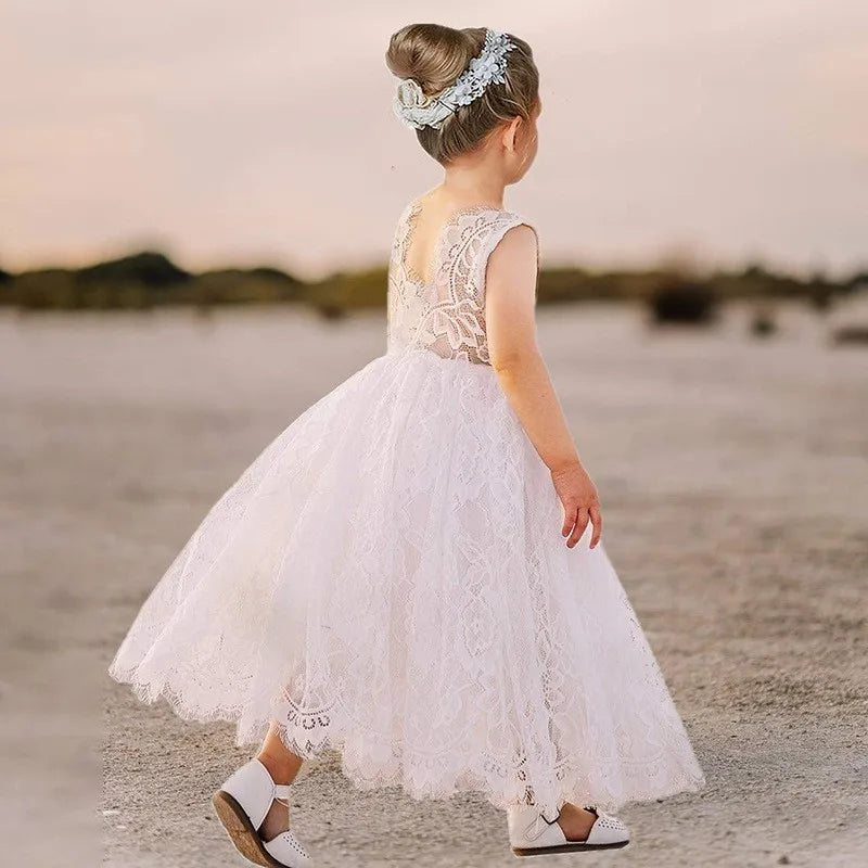 Girls White Lace Dress Deeling Gaunt Sweet Girl Flower Girl Elegant Bridesmaid Skirt 4-12 years old Girl Christmas Clothing