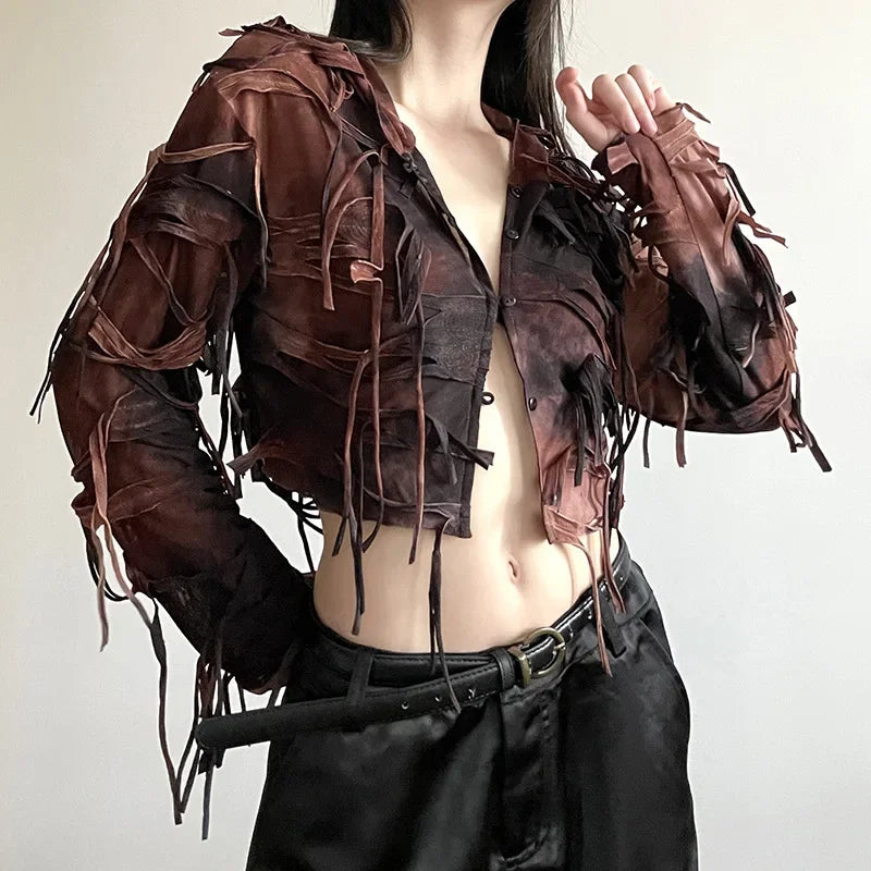 Goth Dark Fairy Grunge Y2k Tassel Hooded Cardigans Vintage Gothic Long Sleeve Women Blouses Streetwear Single-breasted Crop Tops