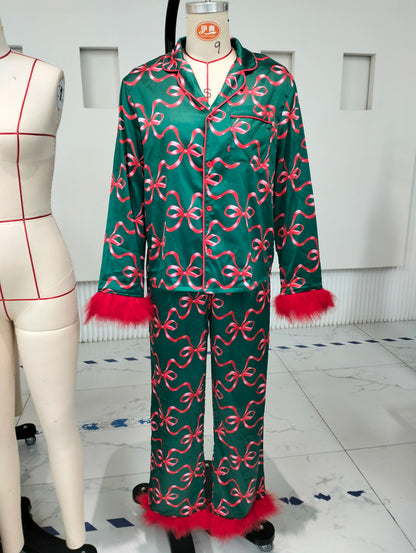 Women Christmas Pajama Sets Outfits Fur Cuffs Santa/Bow Print Long Sleeve Button Shirts and Elastic Pants 2 Piece Set Streetwear