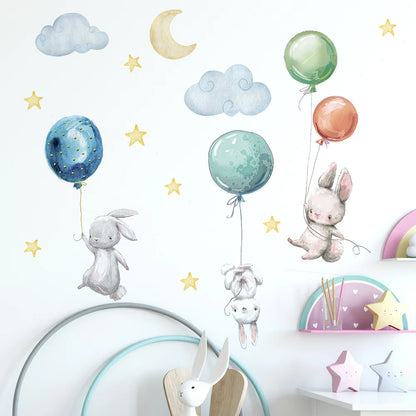 Cute Lovely Flying Rabbits Wall Stickers Balloons Moon Star Cloud Removable Decal for Kids Nursery Baby Room Decor Poster Mural