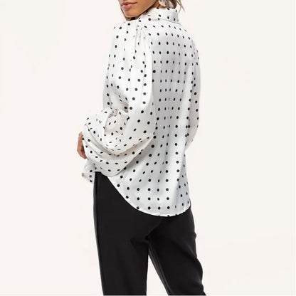 White Black Polka Dot Blouse Women Tops New Autumn Spring Cardigan Women Shirts Loose Lantern Sleeve Ladies Clothing 12372