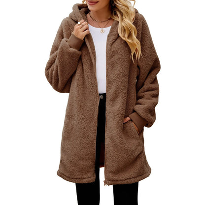 Women's Oversized Plush Jacket Solid Color Zippers Hooded Streetwear Cardigan Autumn And Winter Fleece Outerwear Chaquetas