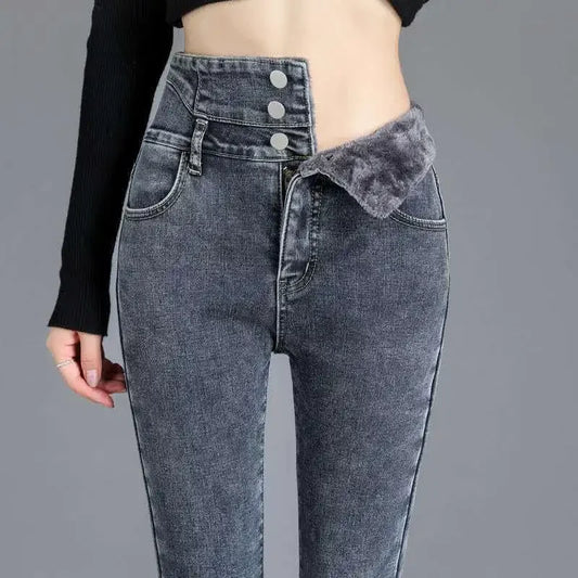 New Winter Thick Velvet Women High Waist Skinny Jeans Simple Fleece Warm Slim Fit Stretch Ladies Casual Denim Mom Pencil Pants