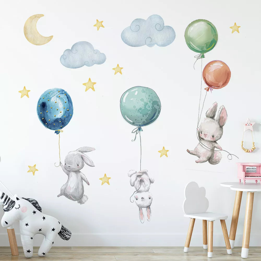 Cute Lovely Flying Rabbits Wall Stickers Balloons Moon Star Cloud Removable Decal for Kids Nursery Baby Room Decor Poster Mural