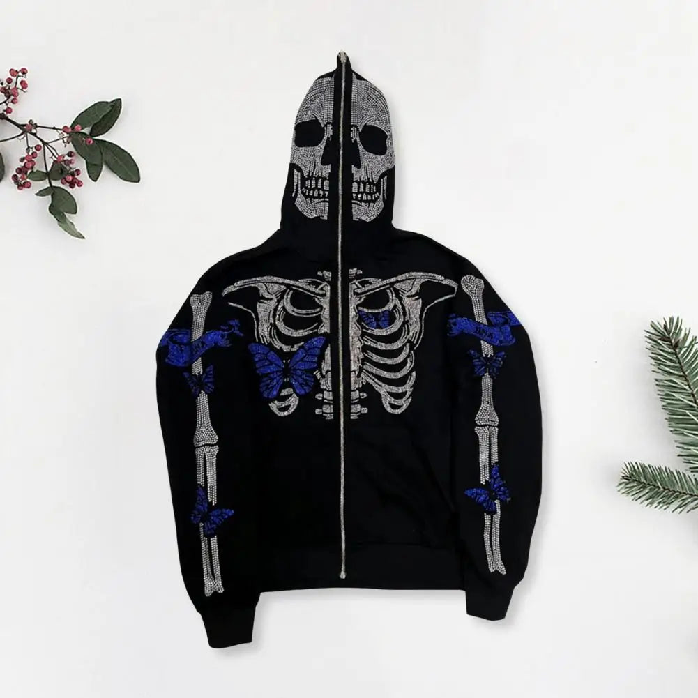 Unisex Hoodie Rhinestone Ghost Skeleton Halloween Hoodie with Zipper Closure Pockets for Unisex Party Cosplay Costume Fall