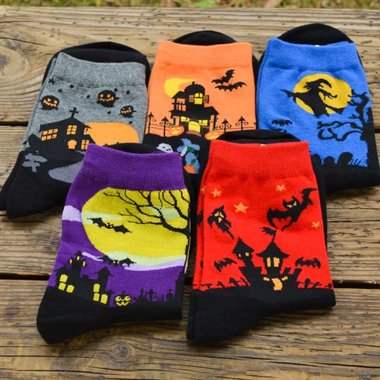 Halloween Harajuku Characteristic Couple Socks Funny Bat Pumpkin Lantern Wizard Ghost Print Men's Women's Middle Tube Socks