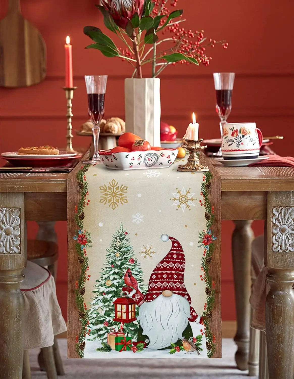 Christmas Tree Gnome Cardinal Golden Snowflake Linen Table Runner Dresser Scarf Winter Xmas Party Decor Navidad Decorations 2025