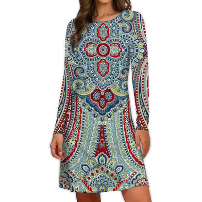 2024 Fall New Arrival Women's Dresses Ethnic Style Bohemian 3D Printing Dress Vintage Casual Loose Long-Sleeve Fashion Clothing