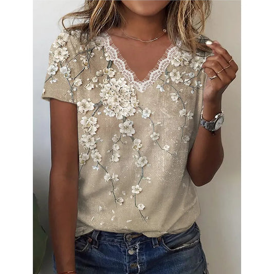 2024 Women'S T-Shirt V-Neck Lace Short-Sleeved Street Fashion Clothing Flower Print Trend Top Loose Women'S V-Neck T-Shirt Top