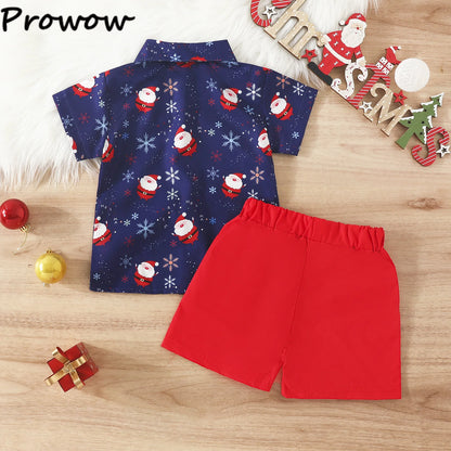 Toddler Boys Christmas Outfits Gentleman Sets For Kids Short Sleeve Deer Shirt and Red Shorts New Year Costume For Children Baby