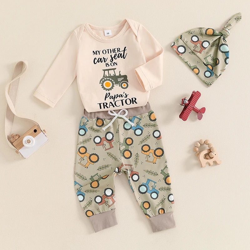 2024-06-01 Lioraitiin 0-18M Baby Boy Fall Outfit Letter Print Long Sleeve Romper and Tractor Print Pants Hat Spring 3 Piece Set