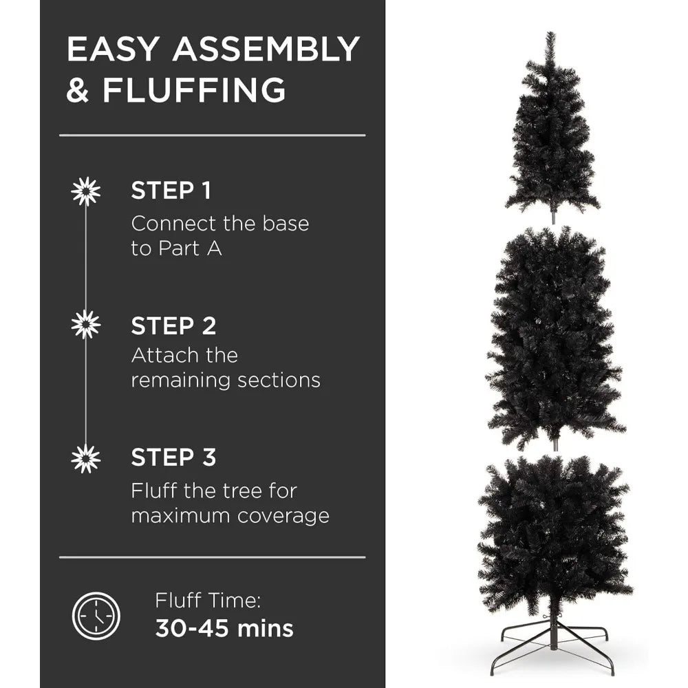 6ft Black Artificial Holiday Christmas Pencil Tree for Home, Office, Party Decoration w/ 608 Tips, Metal Hinges & Base