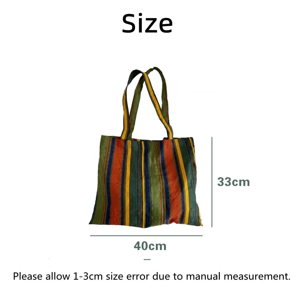 Retro Women's Canvas Shoulder Bag Rainbow Striped Linen Shopping Bag Eco Large Capacity Handbag Tote for Girls Christmas Gifts