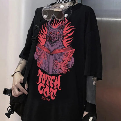 Summer Harajuku Goth Cat Y2k Harajuku Tops Women T Shirt Summer Print Short Sleeve Loose Plus Size Clothes Oversized T-shirt