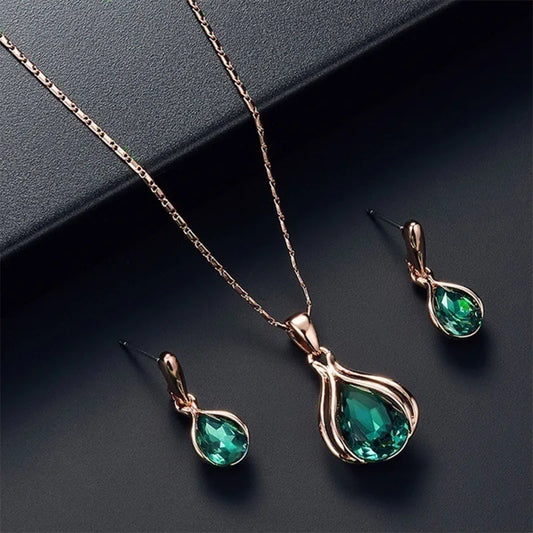 Fashion Women's Blue Green Drop Necklace Earring Set Ornament Versatile Simple Jewelry Wholesale Wholesale