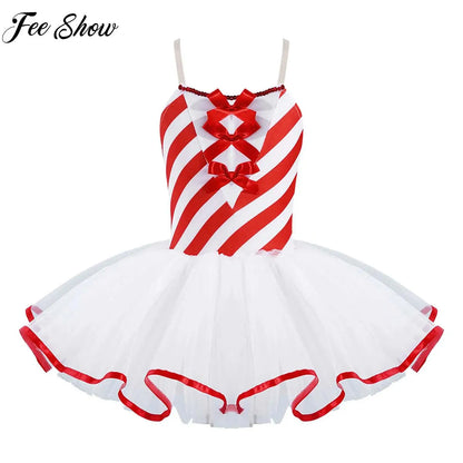 Kids Girls Candy Cane Striped Sequins Ballet Tutu Dance Dress Bowknot Adorned Stripe Print Mesh Tutu Dress Christmas Costume