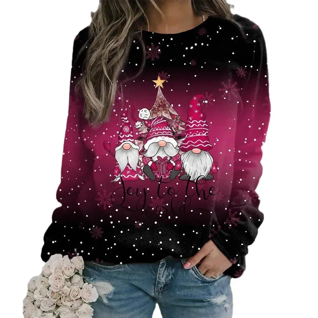 Autumn Women's S-3XL Christmas Theme Anime Cartoon Print Fashion Loose Hoodie Jacket Round Neck Mid Length Sweater