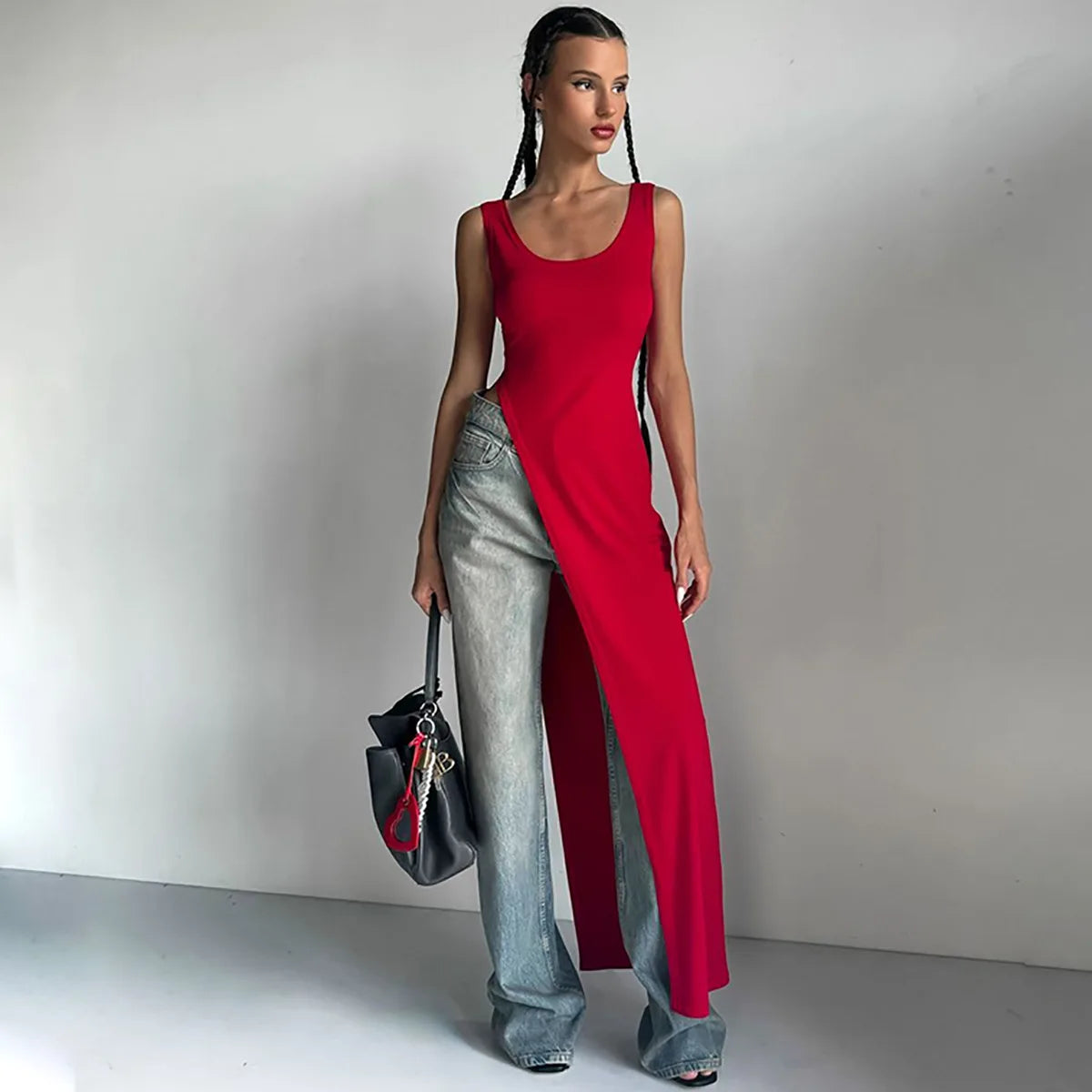 DSMTRC Sexy Sleeveless High Split Long Dresses High Street Fashion Asymmetrical Summer Dress Women 2024 Solid Red Black Vestidos