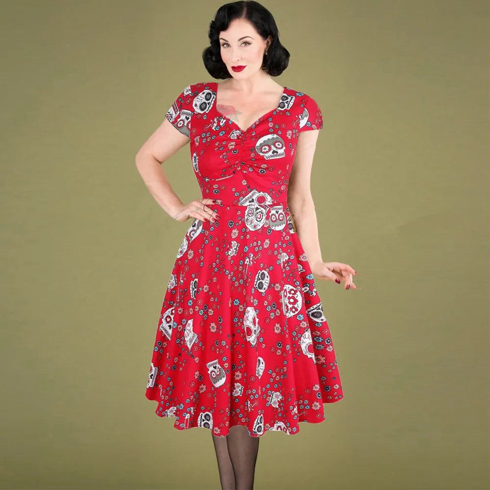 OTEN Halloween Summer skater dress elegant Vintage Red Sugar Skulls Flower print 50s rockabilly Evening Party Plus size Dresses