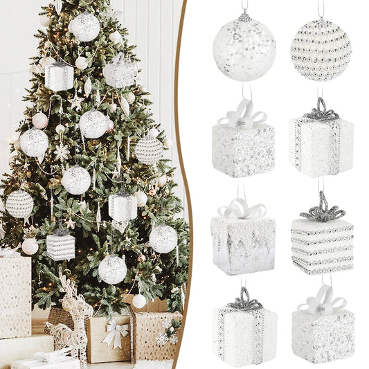 White Christmas Balls Ornament Foam Gift Box Xmas Tree Hanging Pendant 2025 New Year Home Party Decoration Navidad 2024 Supplies