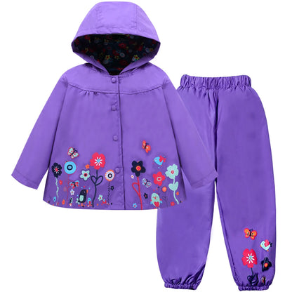 Autumn Spring Children Waterproof Long Sleeve Coat+Pants 2pcs Flower Print Baby Girls Clothes Toddler Boys Children Sets Costume