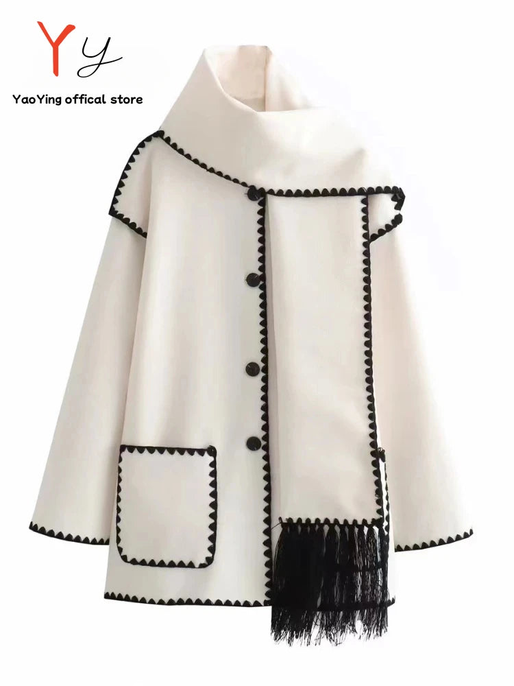 2024 Autumn Winter Women's Double Pocket Fashionable Collar Single Breasted Wool Coat Thick Loose Casual Straw Scarf Tassel Top