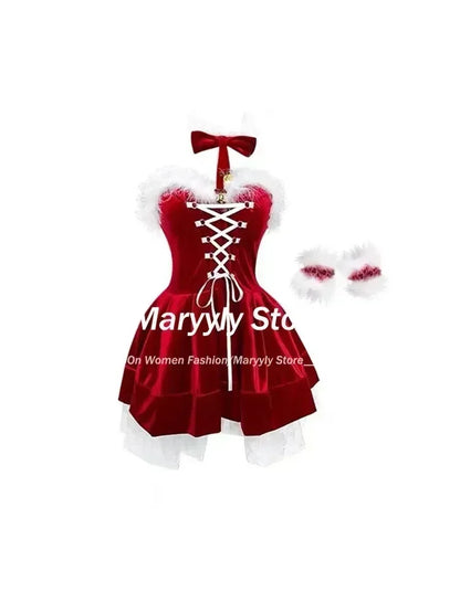 Sweet Christmas Red Mini Dress Women Fashion Lace Plush Patchwork Slim Party Dresses Autumn Winter Female New Year Sexy Clothes