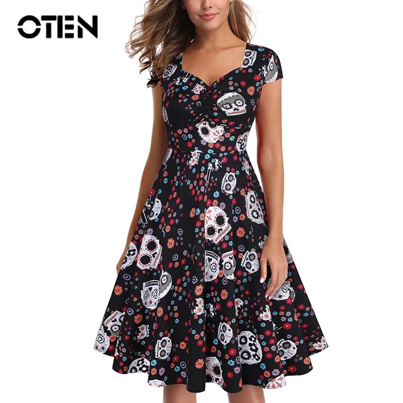 OTEN Halloween Summer skater dress elegant Vintage Red Sugar Skulls Flower print 50s rockabilly Evening Party Plus size Dresses