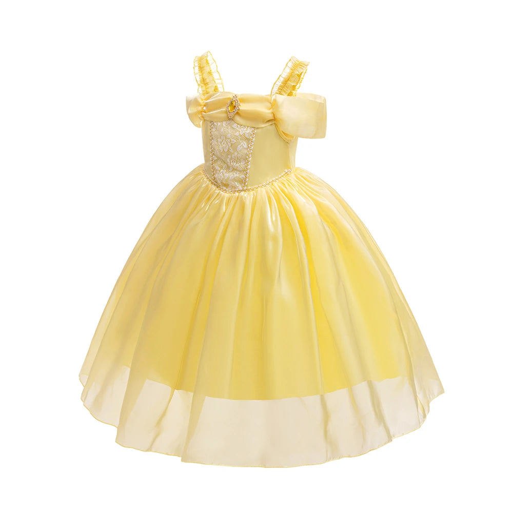 Halloween Girls Princess Belle Dress Up Evening Party Yellow Shoulderless Elegant Long Dresses Beauty Beast Fairy Costume Wig