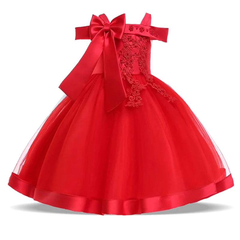 Summer Bow Flower Party Dresses for Girl Christmas Costumes One Shoulder Bridemaid Birthday Princess Dress Wedding Kids Clothing