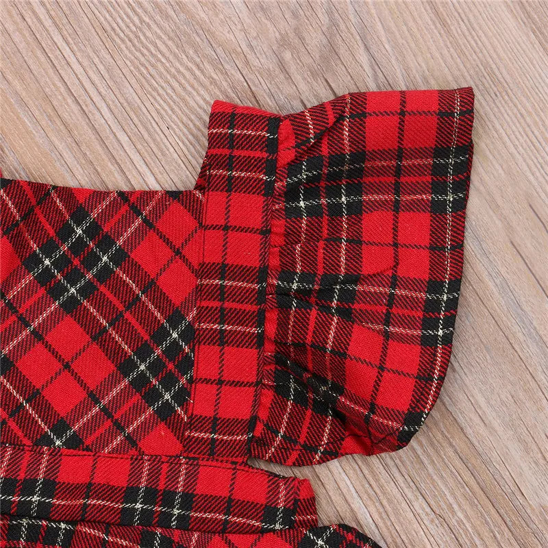 0-24months Baby Girls Christmas Bodysuit Red Plaid Fly Sleeve Ruffles Tutu Romper Dress+Bow Headband Infant Girls Xmas Playsuit