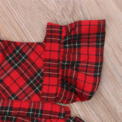 0-24months Baby Girls Christmas Bodysuit Red Plaid Fly Sleeve Ruffles Tutu Romper Dress+Bow Headband Infant Girls Xmas Playsuit