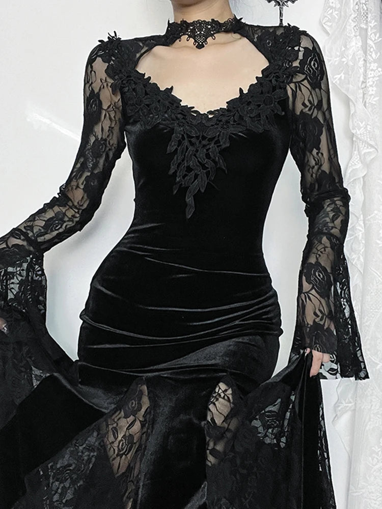 AltGoth Aesthetic Gothic Midi Dress Women Vintage Elagnt Lace Patchwork See Through Flare Sleeve High Waist Clubwear Dress Femme