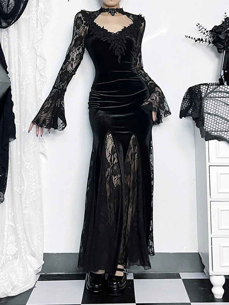 AltGoth Aesthetic Gothic Midi Dress Women Vintage Elagnt Lace Patchwork See Through Flare Sleeve High Waist Clubwear Dress Femme