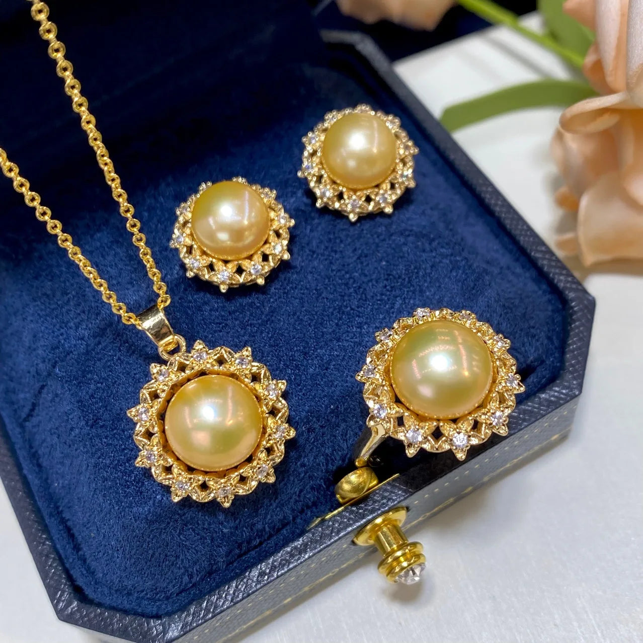 one Set freshwater pearl yellow  pendant necklace earring Ring FOR WOMAN FAHSION