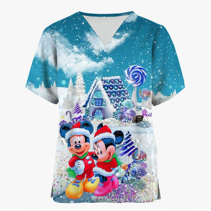 Disney Mickey Mouse Minnie print Christmas Scrub Tops Women Dentist Work Uniform Nurse Scrub Uniforms Medicals Dental Hospital