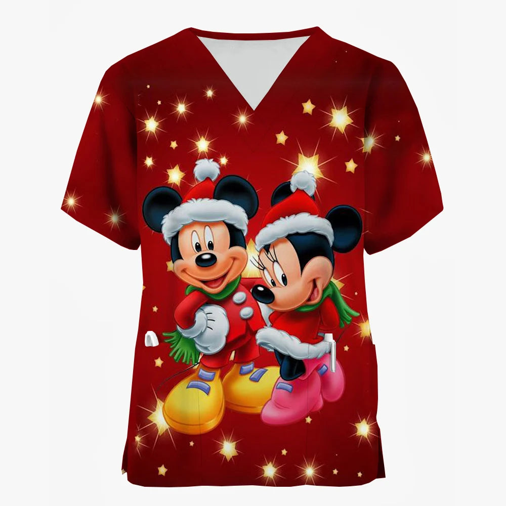 Disney Mickey Mouse Minnie print Christmas Scrub Tops Women Dentist Work Uniform Nurse Scrub Uniforms Medicals Dental Hospital