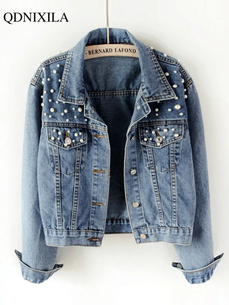 2024 Autumn Trendy Women's Pearl-Studded Denim Jacket Korean Fashion Streetwear Outfits Plus Size Chic Loose Short Jean Jacket