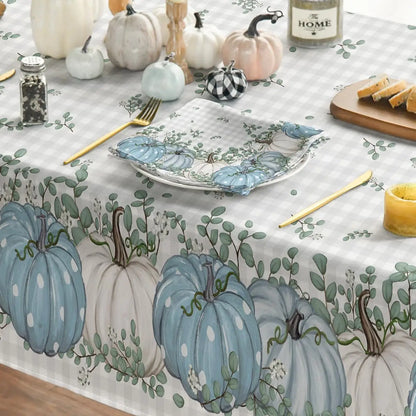 Thanksgiving Autumn Harvest Watercolor Blue Buffalo Plaid Pumpkin Rectangle Tablecloth Wedding Decorations Durable Tablecloth