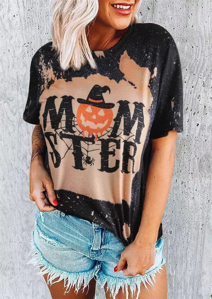 Women Halloween Momster Pumpkin Face Bleached T-Shirt Tee Autumn Fall Cartoon Thanksgiving Tops Regular Tees Graphic Clothes