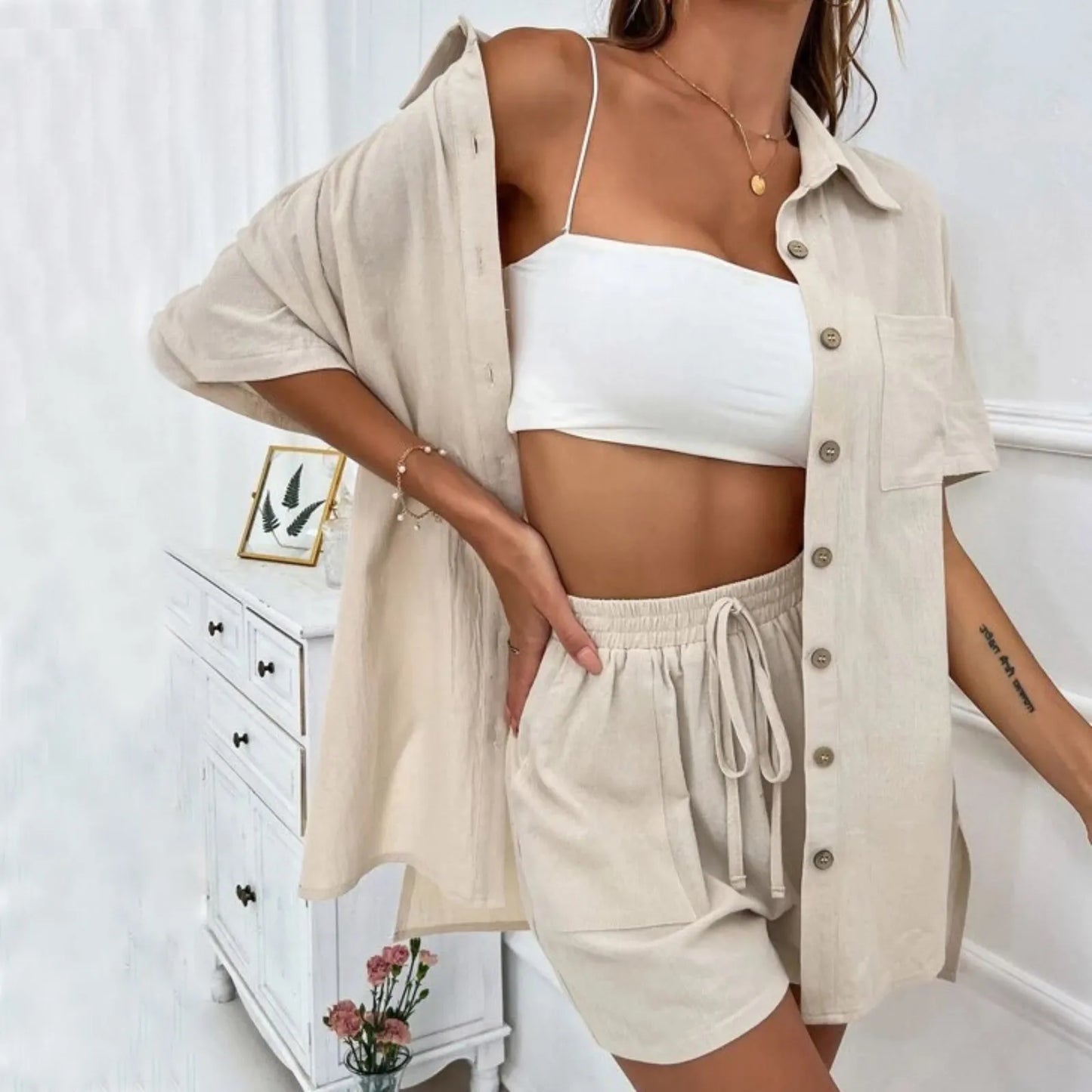 Women Summer Casual Shorts Set Short Sleeve Lapel Shirt Tops +Shorts Suit 2023 New Lounge Wear Vacation Two Piece Set