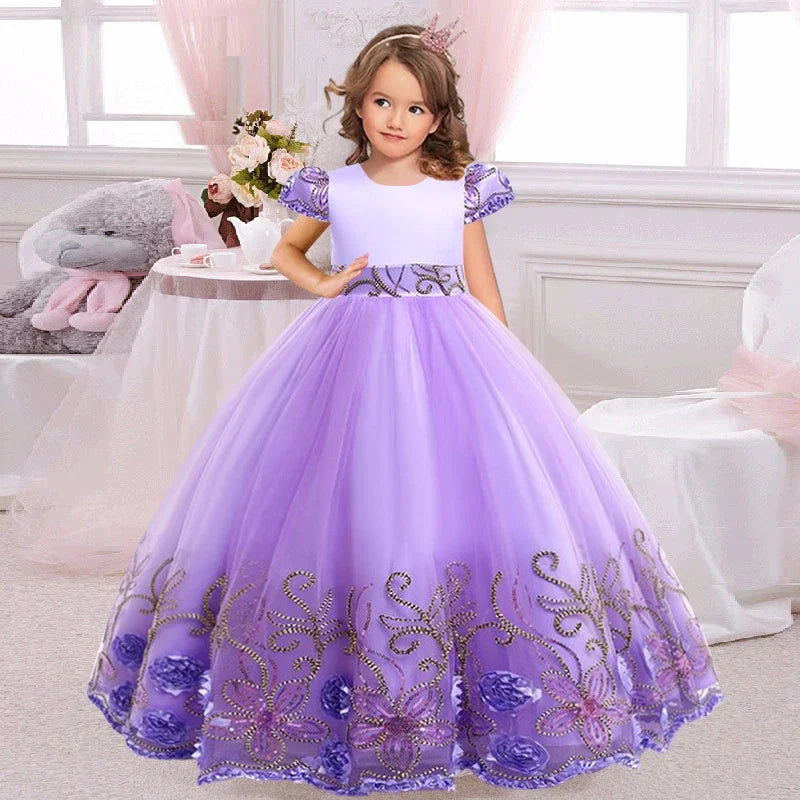 Girls lace sequin princess dress 2024 new children's embroidered bow puffy dress carnival birthday Christmas performance clothin